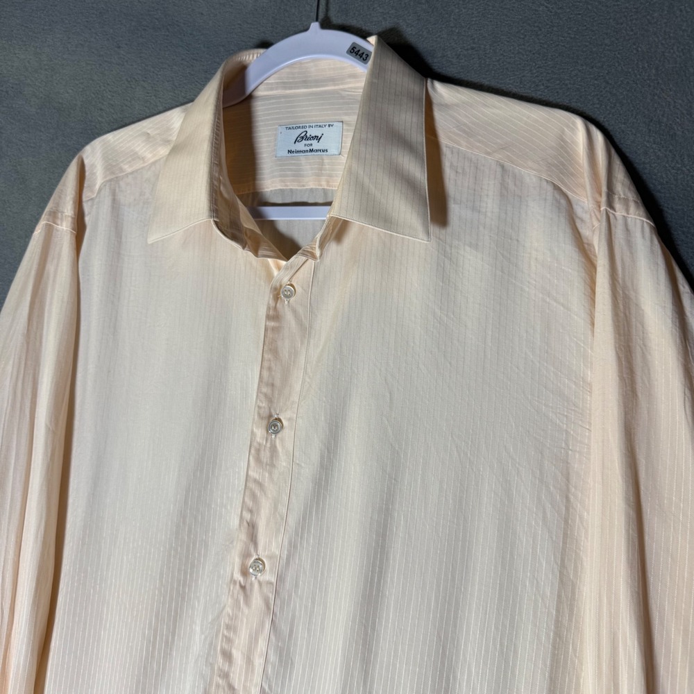Brioni Neiman Marcus Mens Peach Striped Dress Shirt French Cuff Italy 16.5 L